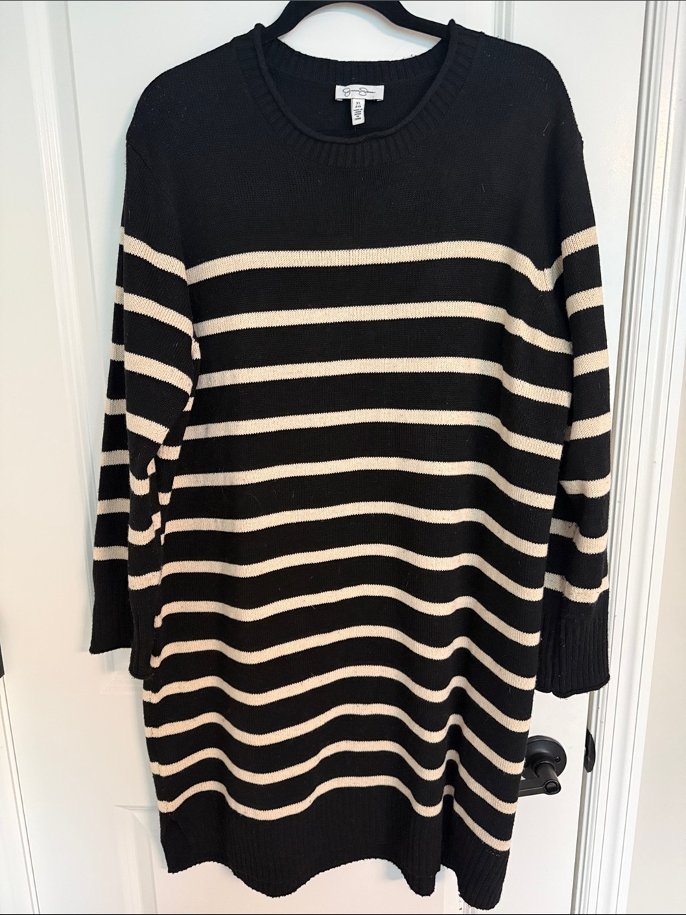 Jessica Simpson Black and Cream Striped Crewneck Sweater Dress
